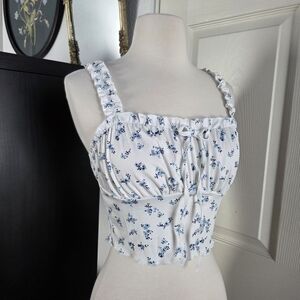 Floral White Blue Square Neck Crop Top Coquette Cute SHEIN Size Small Petite